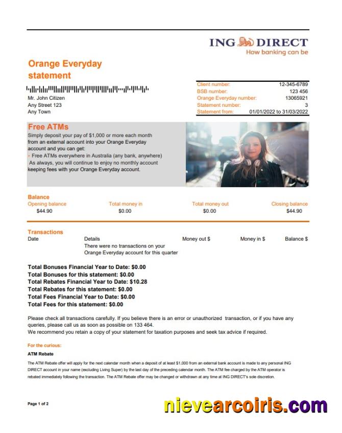 Australia ING Direct bank statement 2 pages xls